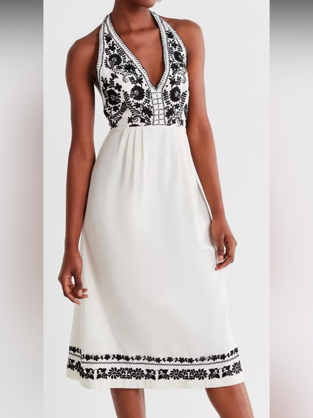Urban Outfitters Embroidered Halter Midi Dress Cream Floral Size Small